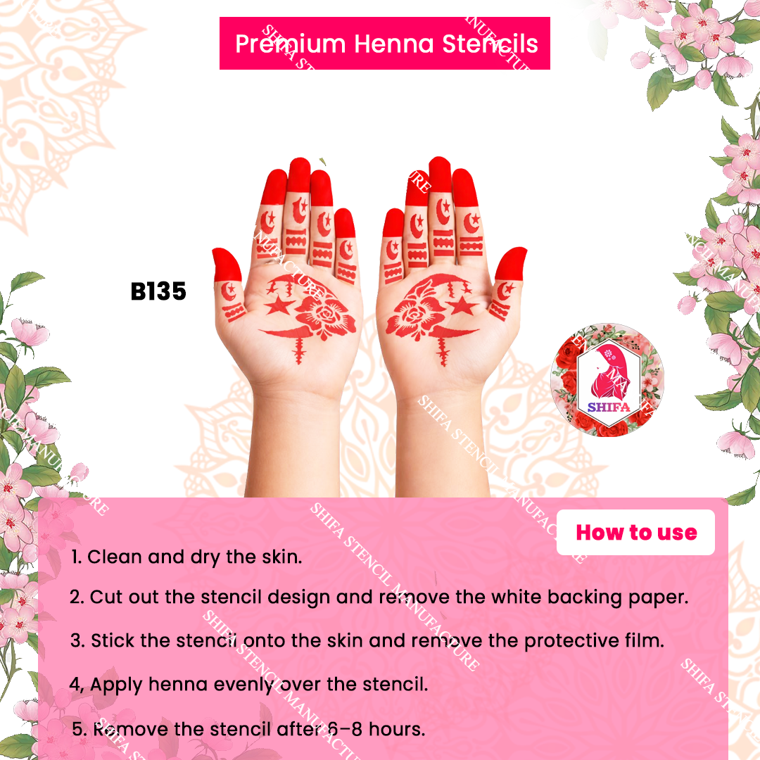 B135 (age 5 to 10) Celestial Rose Crescent double hand Henna Stencil